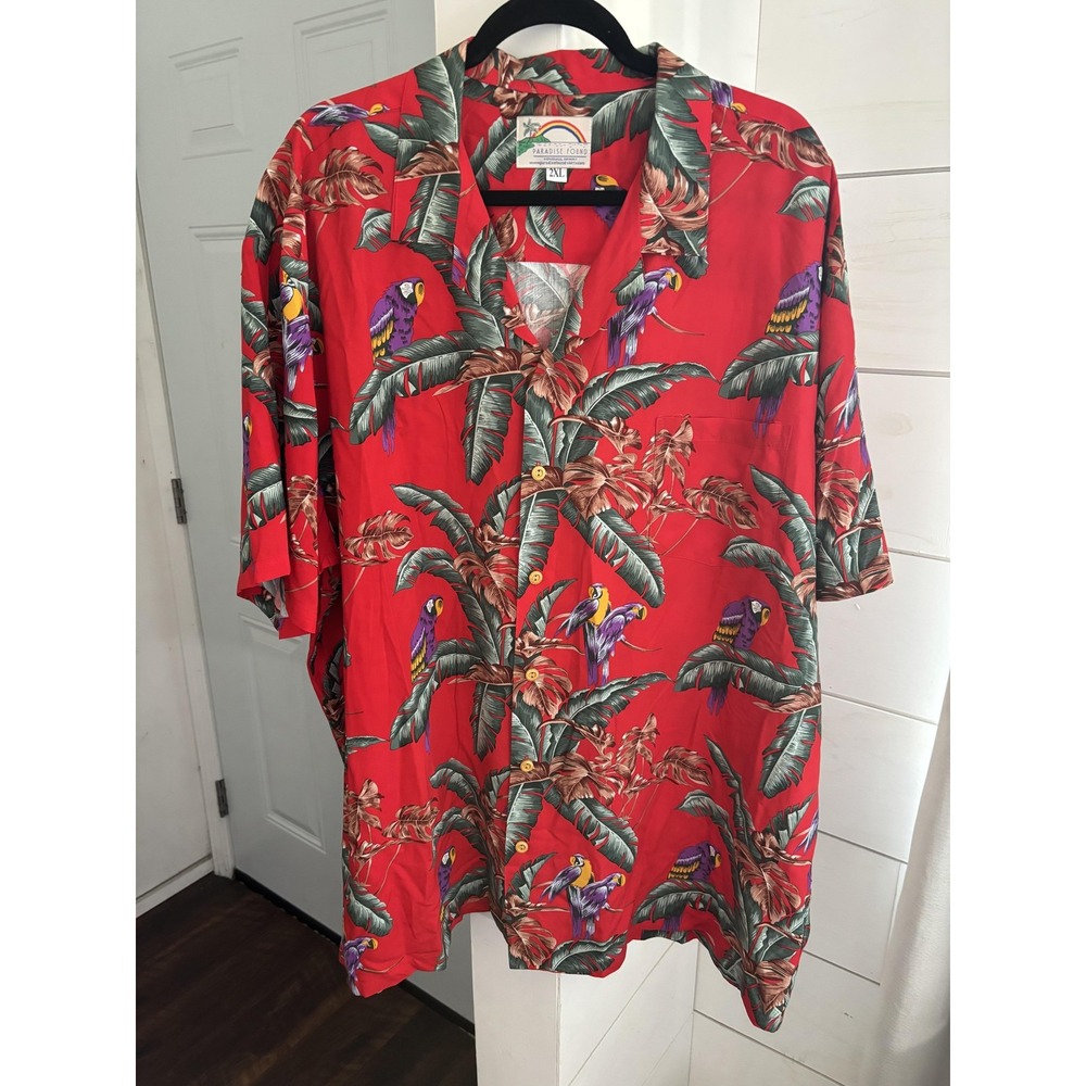 Paradise Found Shirt Mens 2XL Red Selleck Hawaiian Parrot Jungle Bird Magnum PI